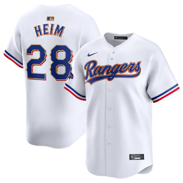 Men's Texas Rangers #28 Jonah Heim White 2024 Gold Collection Cool Base Stitched Baseball Jersey